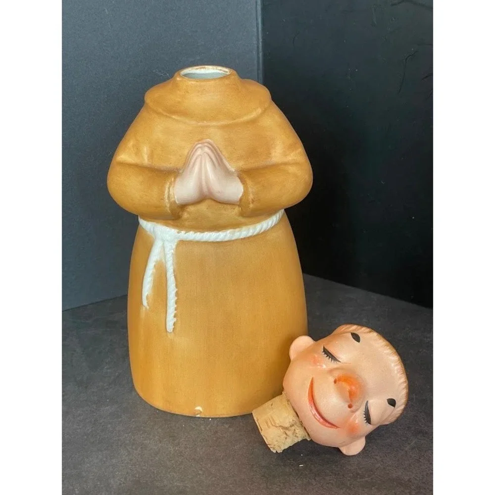 Vintage Praying Friar Monk Ceramic Decanter and 5 Shot Glass Mugs Set Tan